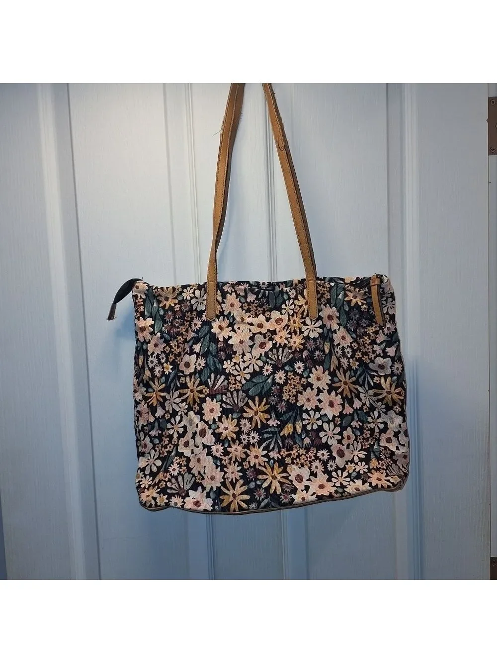 Floral Tote Bag Tan Straps